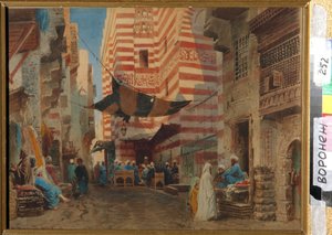 In de straten van Caïro (Egypte). Werk van Konstantin Makovsky, werk op papier door Konstantin Egorovich Makovsky