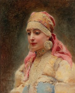 ""Portret van een bojarenvrouw"" - Schilderij van Konstantin Yegorovich Makovsky (Constantin Makovski) (1839-1915), olie op doek, ca. 1890 door Konstantin Egorovich Makovsky