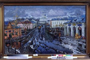 Straat in een provinciestad. Stedelijk landschap, beschrijving van de straat die naar de kerk leidt, tijdens het vroege voorjaar, de onverharde straat met winkels is bezaaid met smeltende sneeuw, die plassen en modderpoelen vormt door Konstantin Ivanovich Gorbatov