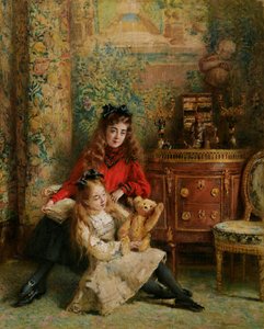 Portret van de dochters van de kunstenaar Olga en Marina met teddybeer