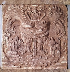 Koreaanse kunst: grijze terracotta baksteen die een monster uitbeeldt. Koninkrijk van Paekche (of Paikchei of Baekje), Korea. 7e eeuw. Nationaal Museum van Korea door Korean School