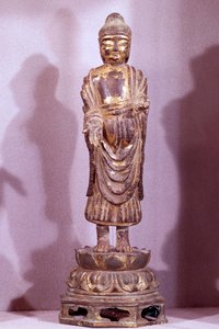 Koreaanse kunst: Boeddhabeeldje in verguld brons. Silla-periode, 8e eeuw. Hyung pil Chun Collectie door Korean School