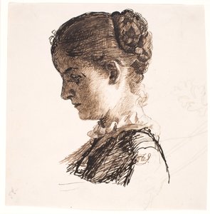 De zus van de kunstenaar Elisabeth. Profiel links. Vlechtkapsel