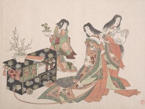 Hofdames die een Kast over de Vloer Slepen, 19e eeuw door Kubo Shunman