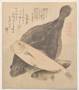 Bot, tegelvis en drie kroeskarpers, uit de serie Tosa Dagboek (Tosa nikki) door Kubo Shunman
