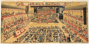 Odori-keiyo Edo-e no Sakae: Theaterinterieur met Shibaraku uitvoering, 1858