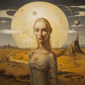 35-jarige Sami-vrouw met maansikkel, mysterieuze glimlach, gezicht en lichaam licht afgewend, lang blond haar 2