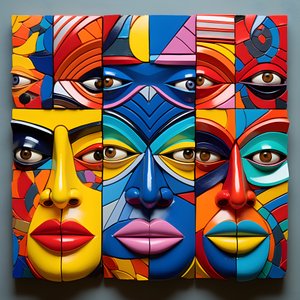 7 heldere kleurrijke, 4 menselijke maskers gezichten 2