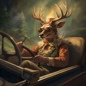 Een hert met een sigaar in zijn mond die een cabriolet bestuurt 1