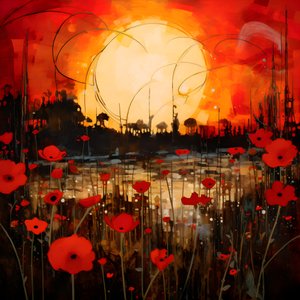 Abstract landschap met een veld wilde bloemen en een gedurfde rode zon 1