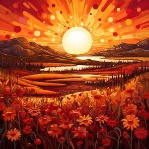 Abstract landschap met een veld wilde bloemen en een gedurfde rode zon 2