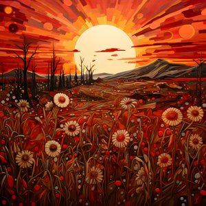 Abstract landschap met een veld wilde bloemen en een gedurfde rode zon 3