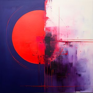 Abstract schilderij van een paarse cirkel en een rode cirkel 1