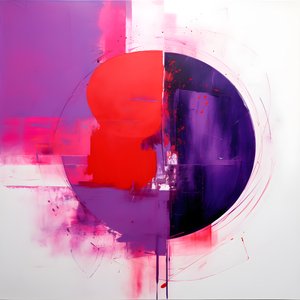 Abstract schilderij van een paarse cirkel en een rode cirkel 2