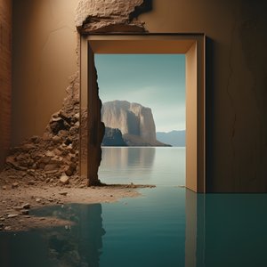 een afbeelding van een ongebruikte kamer met een enorm meer en woestijn in een grote kuil futurecore, hoog contrast chiaroscuro warme tinten 3