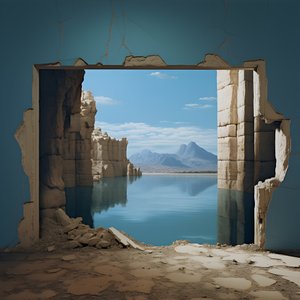 een afbeelding van een ongebruikte kamer met een enorm meer en woestijn in een grote kuil futurecore, hoog contrast chiaroscuro warme tinten 4