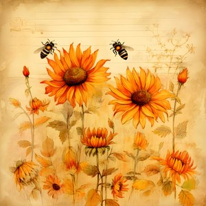 Aquarel zonnebloemen en bijen silhouetten met handgeschreven herfstgedichten 1