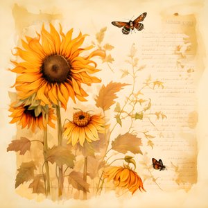 Aquarel zonnebloemen en bijen silhouetten met handgeschreven herfstgedichten 3 door Kurt Heppke