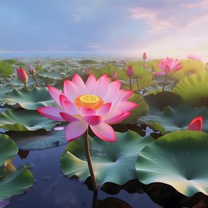 Op het heldere wateroppervlak bloeien grote en mooie lotus bloemen, groene lotusbladeren en dauw op de lotus bloemen. De zonsondergang schijnt op het wateroppervlak 1