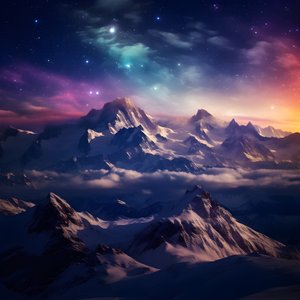De met sneeuw bedekte toppen van de Alpen gloeien als een regenboog in de nacht 4