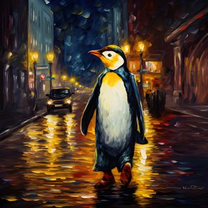 een pinguïn in een pak loopt over straat
