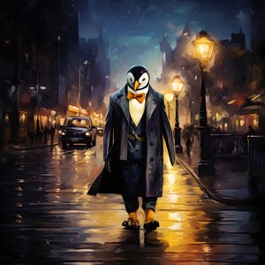 een pinguïn in een pak loopt over straat