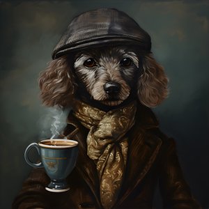 Een gecultiveerde poedel drinkt een kopje thee, draagt een coltrui en een platte pet, rokerige achtergrond 1