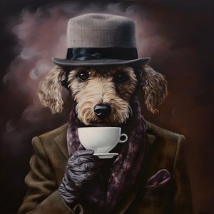 Een gecultiveerde poedel drinkt een kopje thee, draagt een coltrui en een platte pet, rokerige achtergrond 3