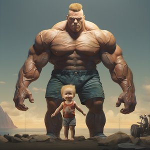 Intimiderende en gemene gewichtheffer Steroïde Freak buff baby met gigantische gespierde man 1