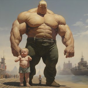 Intimiderende en gemene gewichtheffer steroïde freak buff baby met gigantische gespierde man 3