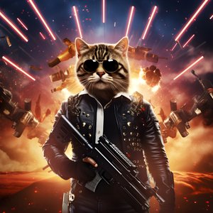film poster van een kat die een zwart-wit gestippeld shirt en een glanzende zonnebril draagt, met explosies en kanonnen op de achtergrond