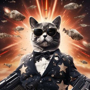 film poster van een kat die een zwart-wit gestippeld shirt en een glanzende zonnebril draagt, met explosies en kanonnen op de achtergrond