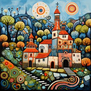 Schilderij van een Bulgaars dorp, orthodoxe kerk 3