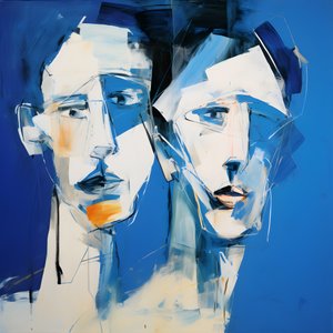 Schilderij van twee hoofden voor blauwe achtergrond 3 door Kurt Heppke