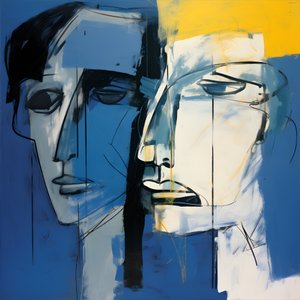 Schilderij van twee hoofden voor blauwe achtergrond 4 door Kurt Heppke