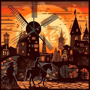 Don Quijote op zijn ezel voor windmolens 4