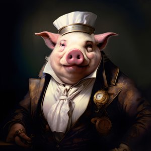 Koude en heerszuchtige antropomorfe varkensplantage-eigenaar, priemende ogen, dikke mollige lichaam, sigaar in de hand, exquise chique zuidelijke witte pak en vest, zakhorloge aan een ketting, monocle, witte vilthoed, close-up 1