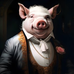 Koude en heerszuchtige antropomorfe varkensplantage-eigenaar, priemende ogen, dikke mollige lichaam, sigaar in de hand, exquise chique zuidelijke witte pak en vest, zakhorloge aan een ketting, monocle, witte vilthoed, close-up 2