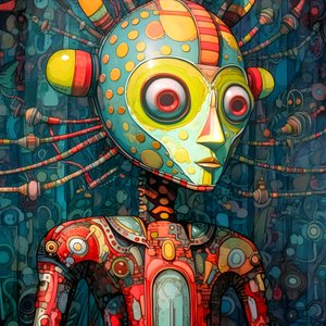 Karneval Cajun Sumpf Mutant Sci-Fi Droide, in de artistieke stijl van Tim Burton en Beksinski 2