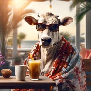 Koe met zonnebril en kijkend naar koude koffie 2