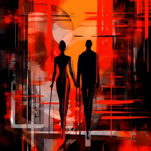 Man in rood, vrouw in oranje en zwart