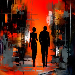 Man in rood, vrouw in oranje en zwart