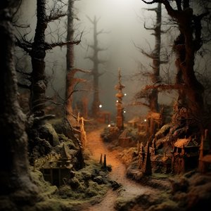 Miniatuur Tilt-Shift Halloween Bos met mistige bomen en een spookachtige sfeer