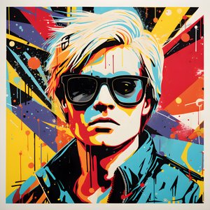 Pop Art Portret, half-lichaam, kleurrijk, grafisch, ochtend, in de stijl van Andy Warhol, Roy Lichtenstein, Robert Rauschenberg, Jasper Johns, Keith Haring 1
