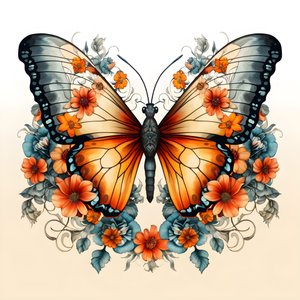 vlinder in het midden, symmetrisch, met bloemen op de achtergrond 3