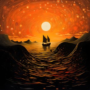 zonsondergang, oranje-gele zon, wolken, vijf roterende cirkels van wolken in een grote hemel, puntvormige golven en oranje-gele zonsondergangwolken die zich op de golven spiegelen, een boot vaart de zee op 2