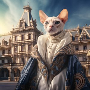 Sphynx-kat in baljurk voor de achtergrond van een prachtig paleis in middeleeuwse stijl 4