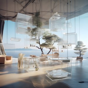 transparant gebouw met het eilandtafel in het midden
