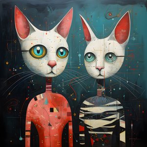 Twee antropomorfe katten, kater en kat, Kubrickian Synthetic 3