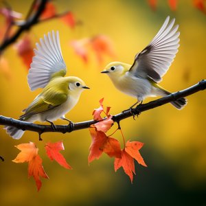 Twee superschattige groene brilvogels spreiden hun vleugels en vliegen in de herfstige esdoornbladeren 4